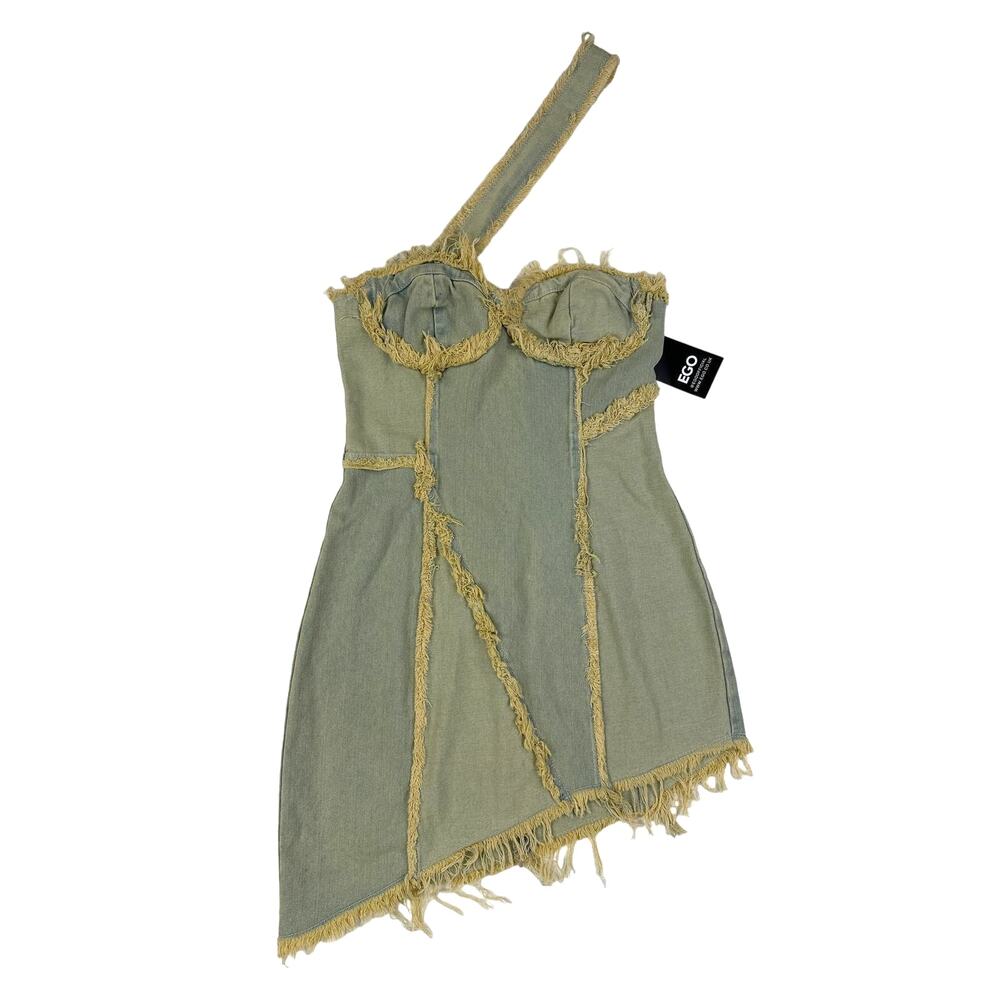 EGO Official - One Strap Distressed Patchwork Mini Dress in Light Blue Denim